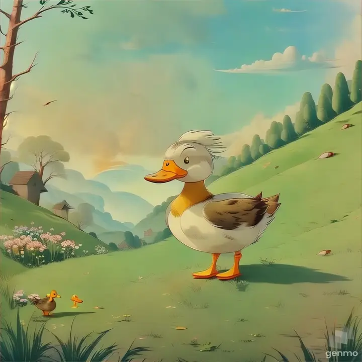 a duck standing in a field next to a tree