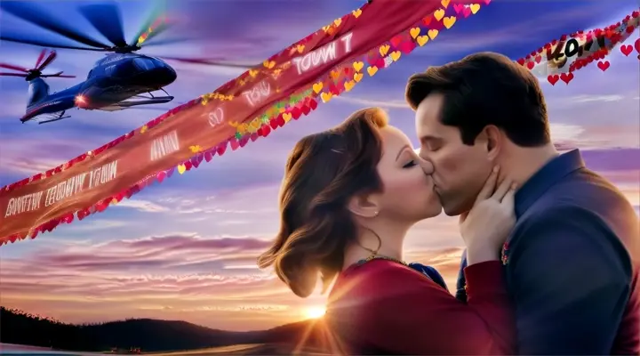 the text "Kiss you at Dawn" appears on a colorful banner full of hearts carried by a helicopter at dawn as the couple kisses passionately