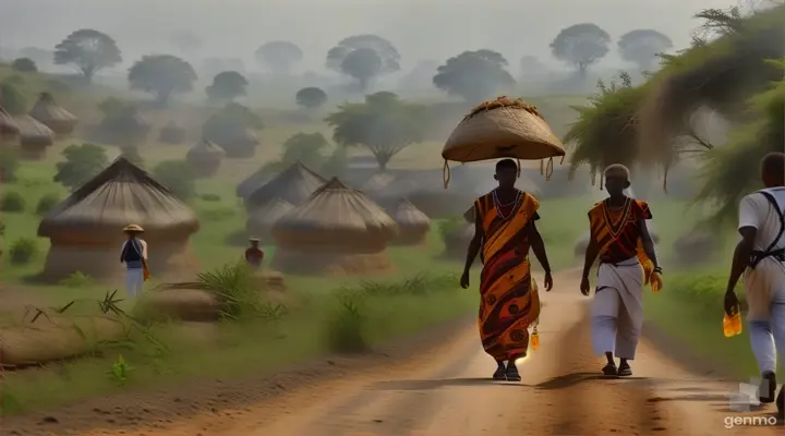 a couple of people walking down a dirt road