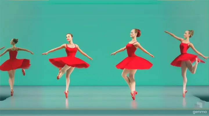 beautiful woman in a red dress.  A beautiful ballerina in a red dress walks across the stage, jumps high and spins in the air.  The background is completely green and is used as a green chrome key.  overall plan