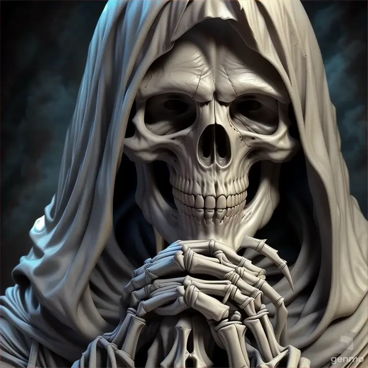 a skeleton with a hood on holding his hands together