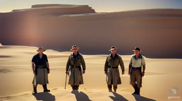 A group of archaeologists stands around the entrance to the ancient tomb, with sand dunes stretching into the horizon behind them.