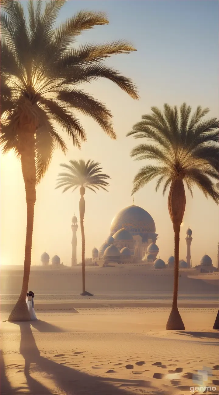 A mirage in the Abu Dhabi desert, featuring palm trees, camels, and a sprawling city in the distance