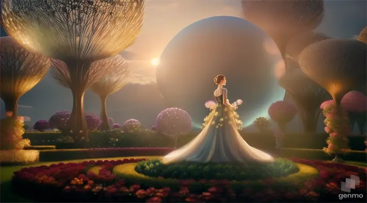 A woman stands on top of a ball above the earth in a magic, mystery garden