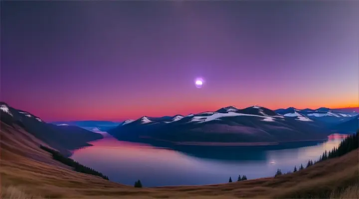 2 moons, one of the moons is violet, the other is blue, soft colors. wolf is on top of a mountain, wide view, there is a lake at the bottom and trees surround the area