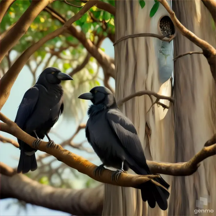 A pair of crows are sitting in their nest with eggs on top of a banyan tree