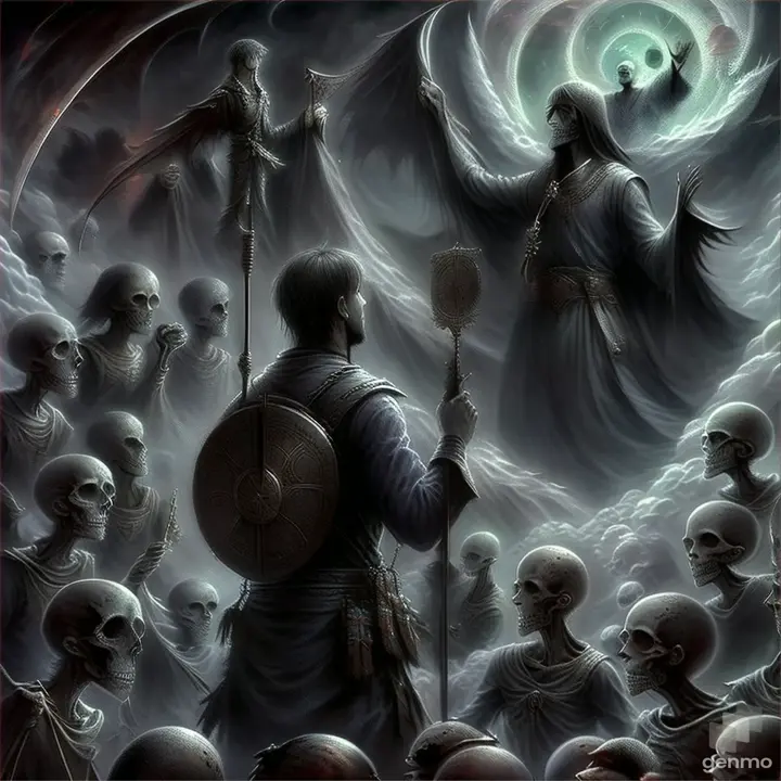 a painting of a man standing in front of a crowd of skulls