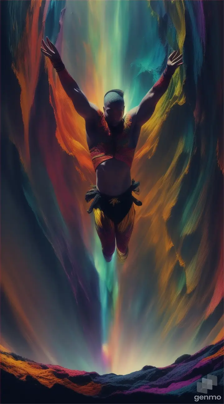 A figure in a colorful garment falling into a dark, dramatic pit without water