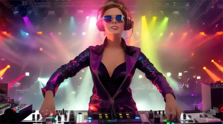 A female DJ in sunglasses, sparkling headphones and a latex jumpsuit with a large neckline, plays techno music, dances and sings a lot of people in the club. Laser beams of bright colors on the background of large television screens. 