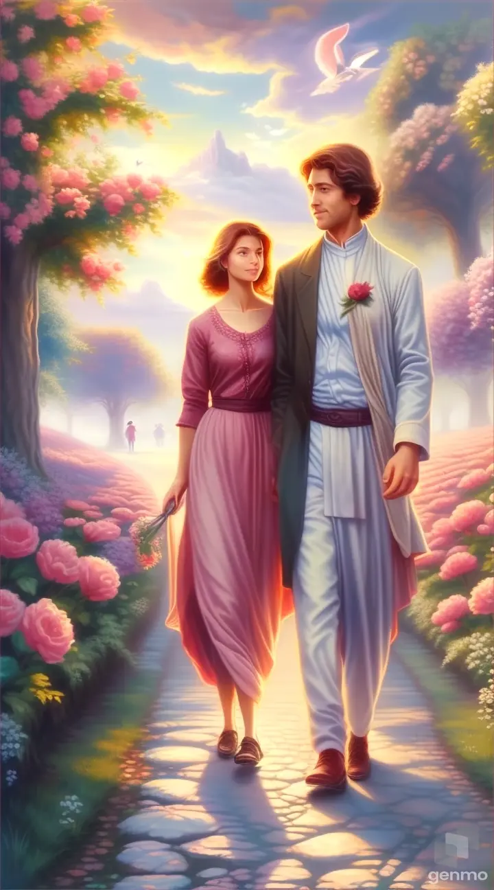 a painting of a man and woman walking down a path