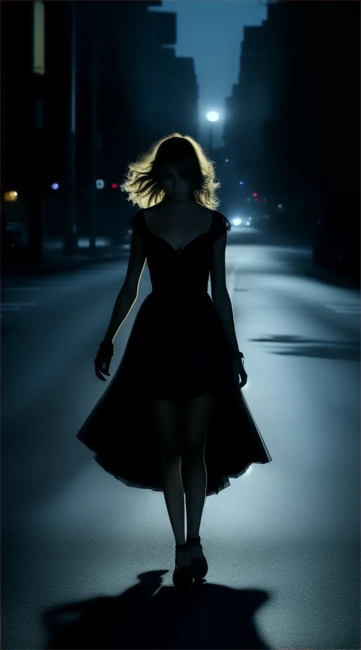 A woman walks alone along a dark and deserted street, while the moonlight creates suggestive shadows around her.  Her expression is intense and concentrated,