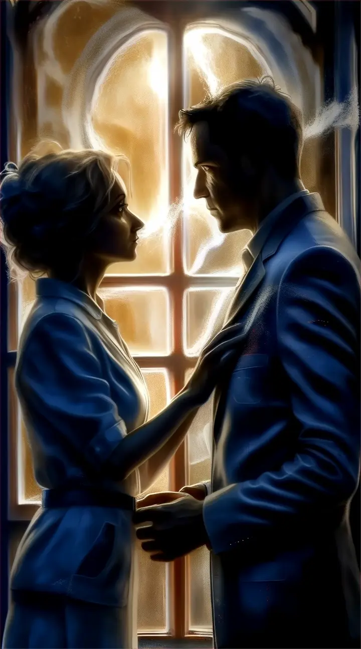 The woman suddenly stops when she meets the gaze of a mysterious man who stands out against the glow of an illuminated window.  Their connection is immediate and palpable.