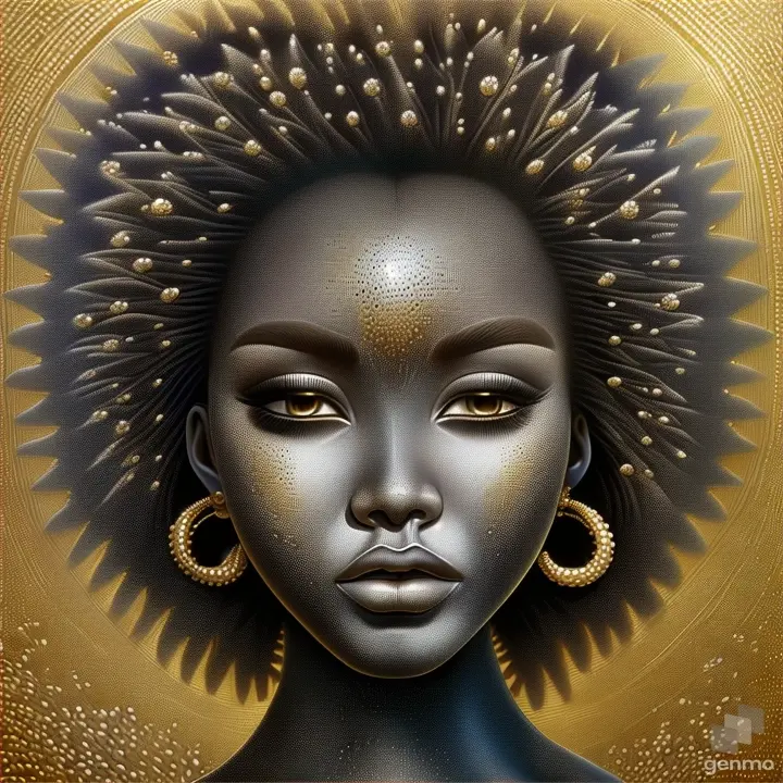 a painting of a woman's face with a gold background