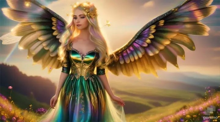 A beautiful gothic fairy goddess with shimmer wings & long rainbow pastel blonde hair wearing a gold dress, standing on a lush green hilltop, landscape, sunshine, flowers