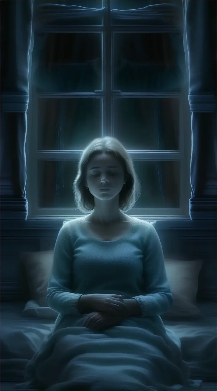 The woman wakes up from a dream, realizing that her obsession with the man is just an illusion.  She finds herself alone, in the dark