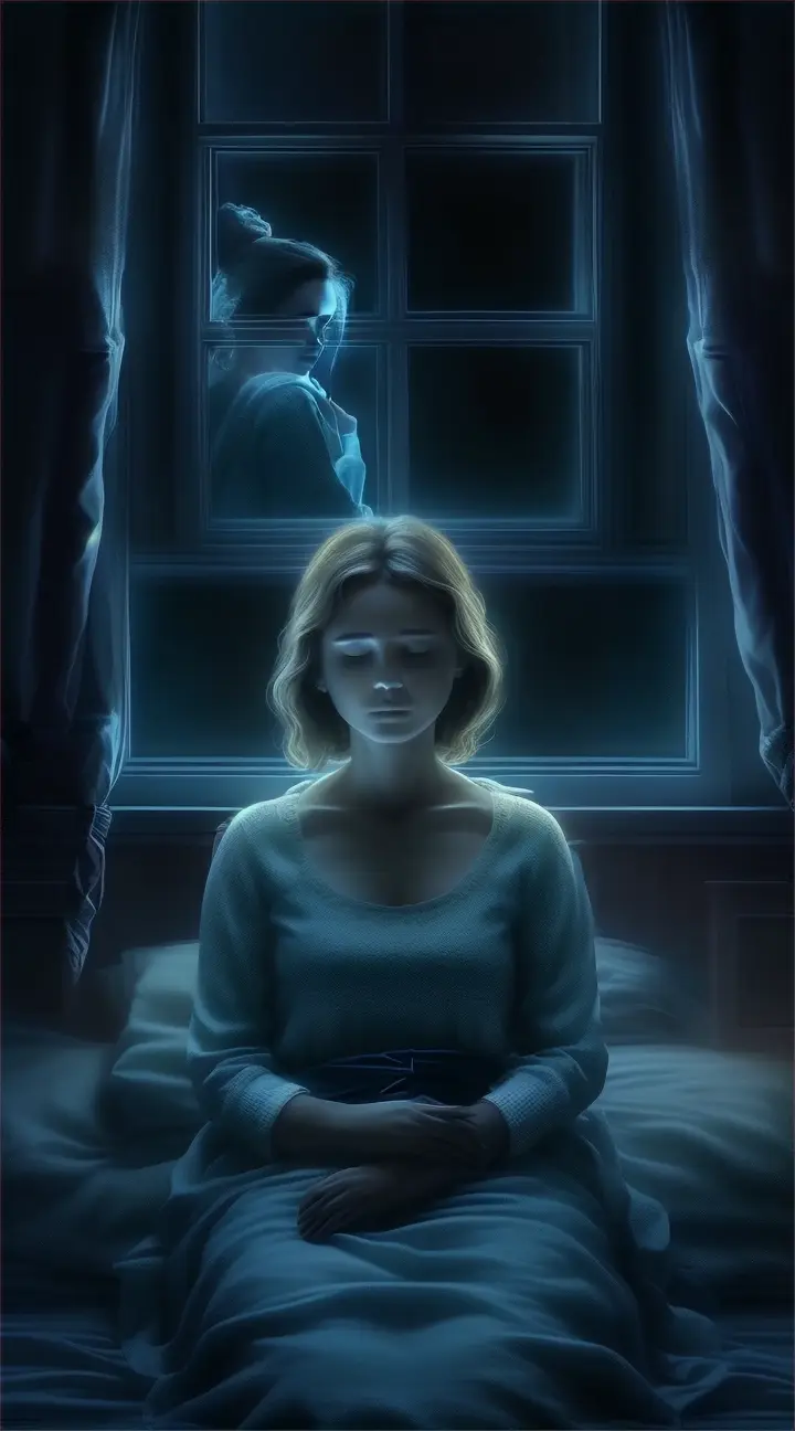The woman wakes up from a dream, realizing that her obsession with the man is just an illusion.  She finds herself alone, in the dark
