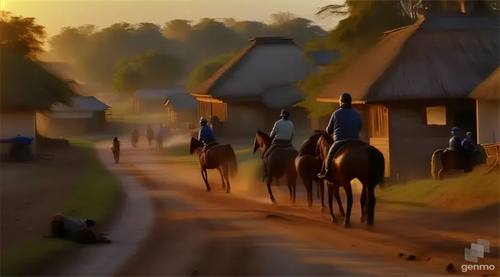 a group of people riding horses down a dirt road