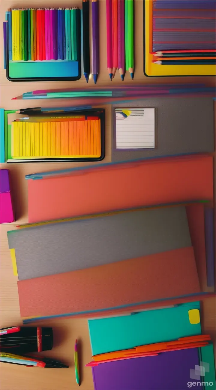 An overhead view of a classroom desk covered in colorful stationery and school supplies, with pencils, pens, and markers arranged neatly in a row, ready to be used.