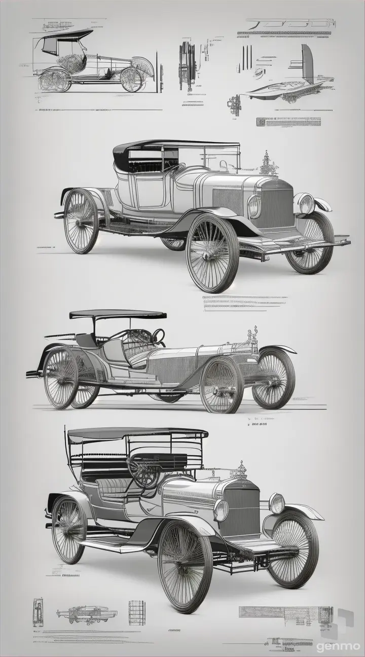 Detailed diagram or blueprint of Benz's first automobile design, illustrating its pioneering features and engineering advancements.