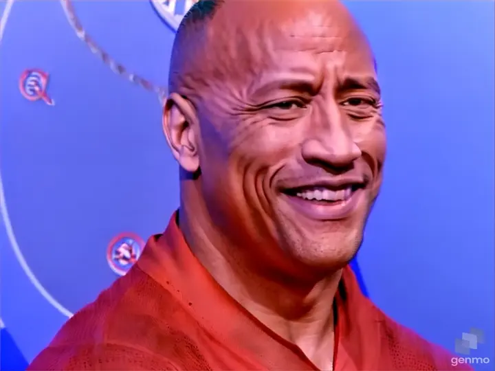 Dwayne Johnson in a red shirt smiles and blink his eyes at the camera