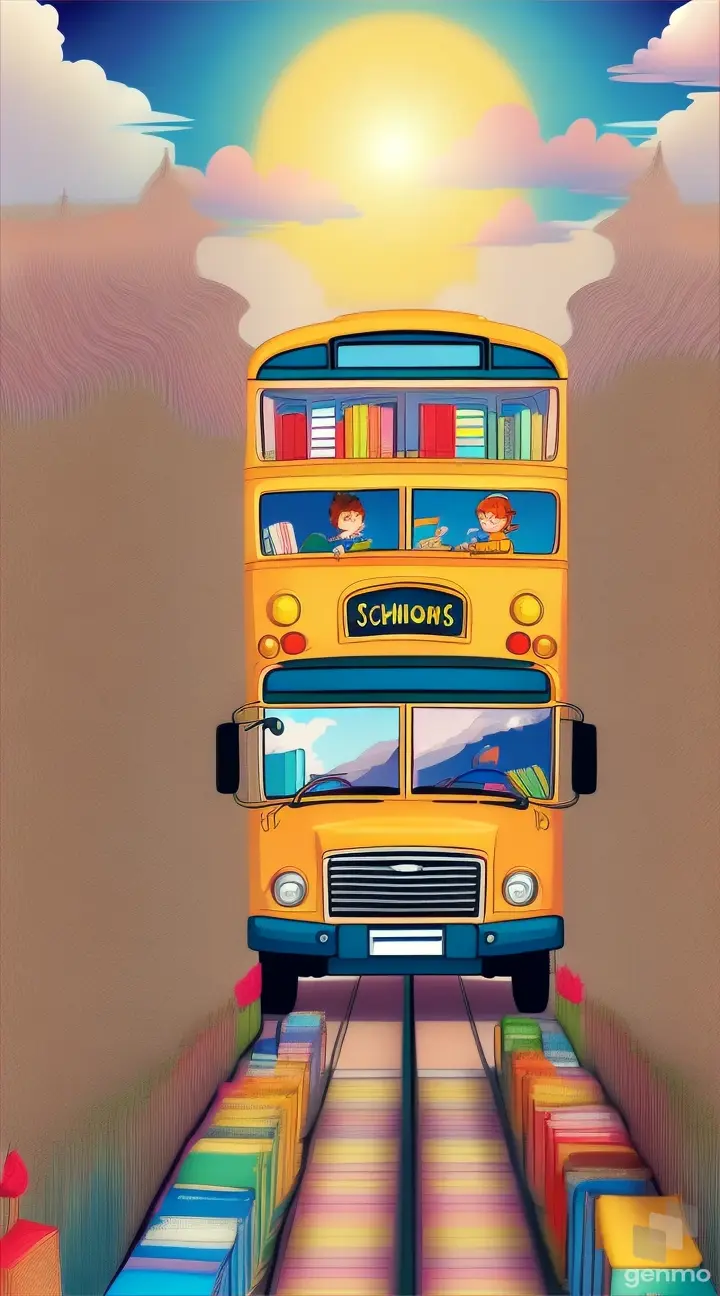 An illustration of a colorful school bus driving through a whimsical landscape filled with books, pencils, and other school supplies. The bus is surrounded by smiling 5 years old children eagerly reaching out to grab books and learn, with bright sunshine and fluffy clouds in the sky above.