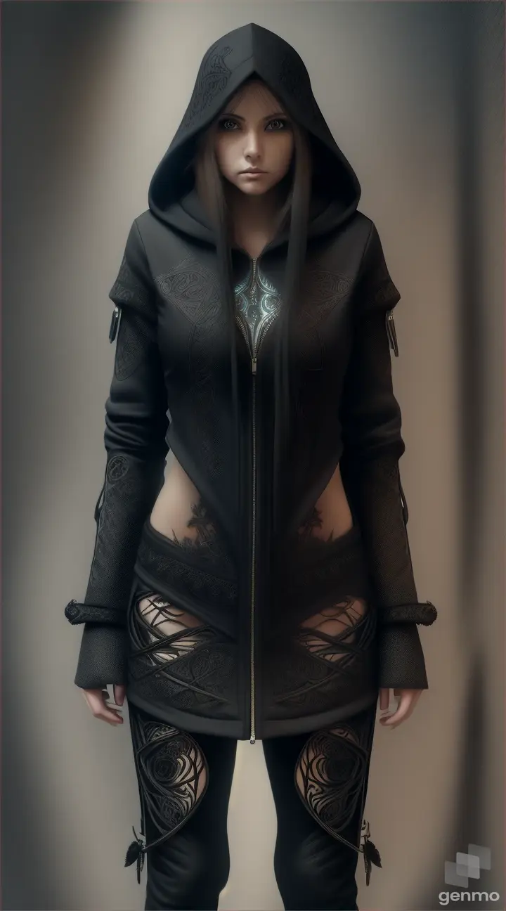 realist image of a walking woman half woman ln while long straight hair in hoodie, with Celtic ornaments, second half like a demon, helves divided by opening zipper between , fused with black roses, front to camera, dark fantasy theme, grate details, realistic image, concept art 4K