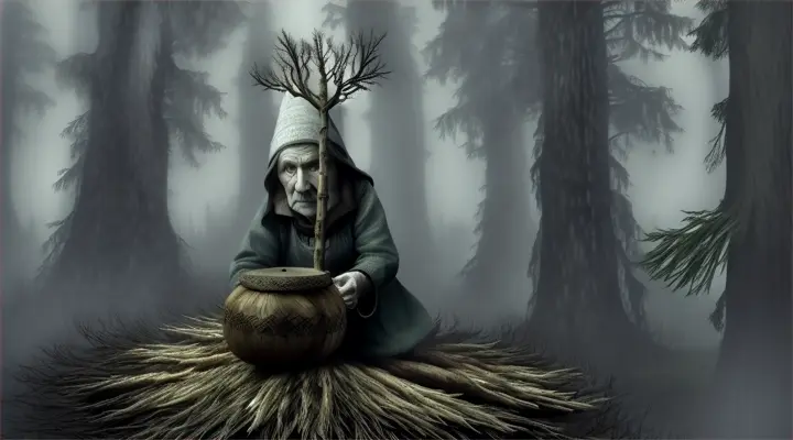 Baba Yaga:
Visualize a mystical, eerie forest scene with an old, hunched woman known as Baba Yaga. She has a long, hooked nose, intense eyes, and wild, unkempt gray hair. Her attire is a patchwork of dark, earthy tones, blending with the forest. Baba Yaga's hut, peculiarly perched on giant chicken legs, looms in the background, crafted from gnarled wood and topped with a moss-covered roof. In the foreground, Baba Yaga rides through the misty forest in a large mortar, vigorously steering with a pestle, while her other hand clutches a broom made of silver birch. The environment is thick with twisted trees and fog, enhancing the mystical and foreboding atmosphere.