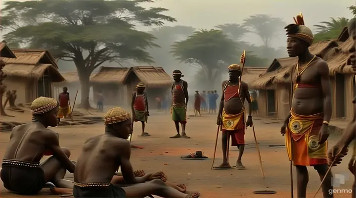 a group of men sitting on the ground in front of huts