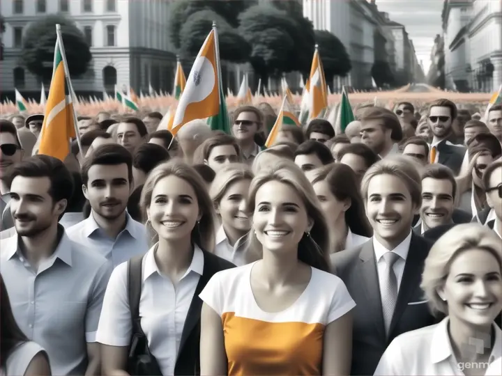 a large group of people with flags in the background