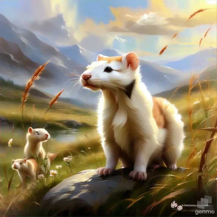 cloud, sky, carnivore, ferret, fawn, natural landscape, whiskers, happy, grass, terrestrial animal