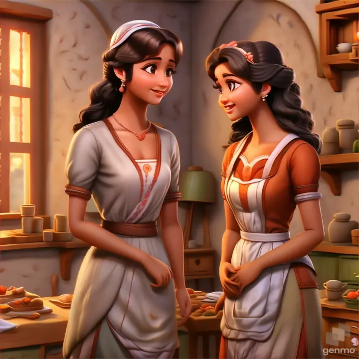 a couple of women standing next to each other, make the character moving 