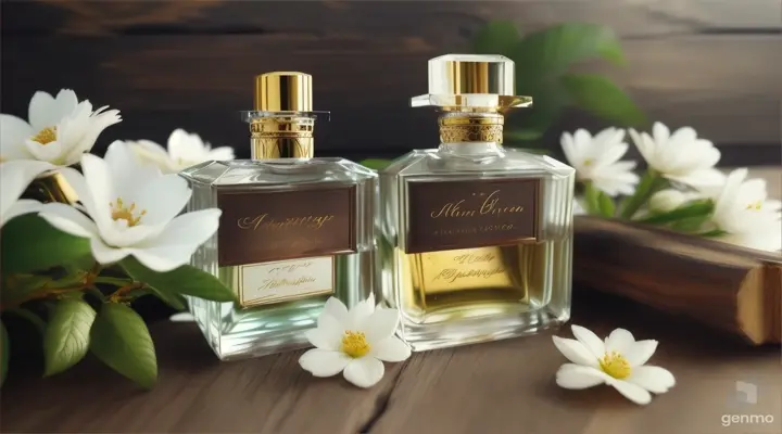 Perfume bottle with white flowers on a rustic wooden background. Product photography with botanical elements. 16:9