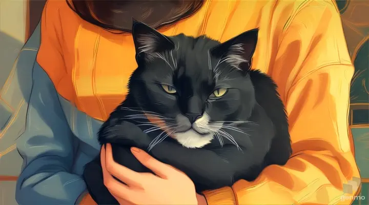 a painting of a person holding a black cat