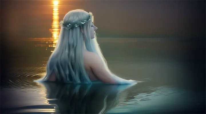 Rusalka:
Envision a serene, moonlit lakeside where the Rusalka resides. She is a beautiful, ethereal figure with long, flowing hair that cascades down her back, shimmering like the water's surface. Her skin has a subtle luminescence that reflects the moonlight, enhancing her supernatural allure. The Rusalka's attire is made of translucent fabrics, resembling water plants and flowing around her as if underwater. She is partially submerged in the lake, with lilies and reeds around her. The scene is tranquil yet haunting, with a mist hovering over the water and the moon casting a silvery glow that highlights her otherworldly presence.