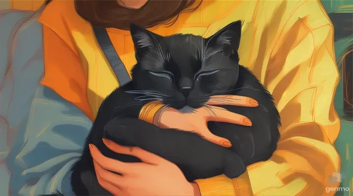 a painting of a person holding a sleep black cat