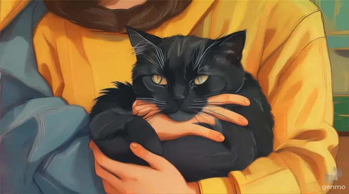 a painting of a person holding a sleep black cat