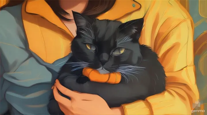 a painting of a person holding a sleep black cat