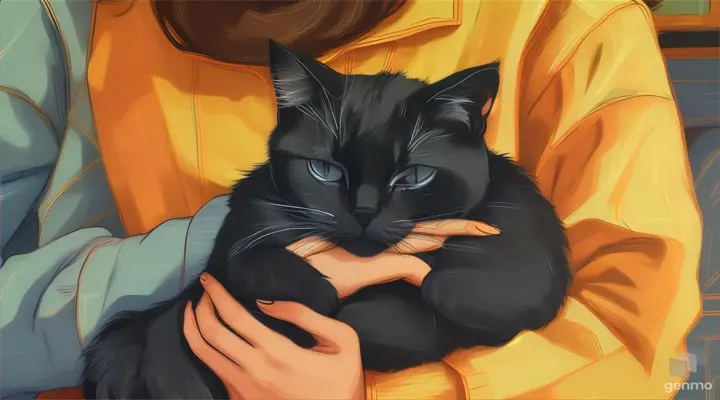 a painting of a person holding a sleep black cat