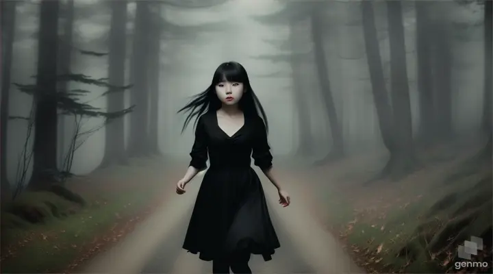 The_girl_is_running_Korean_she_is_on_a_scary_place_for_3 forest dress black hairs open