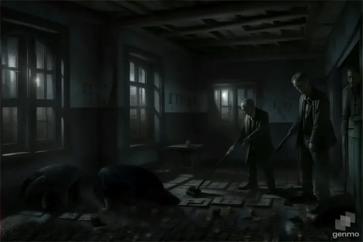 a man in a dark room with a broom