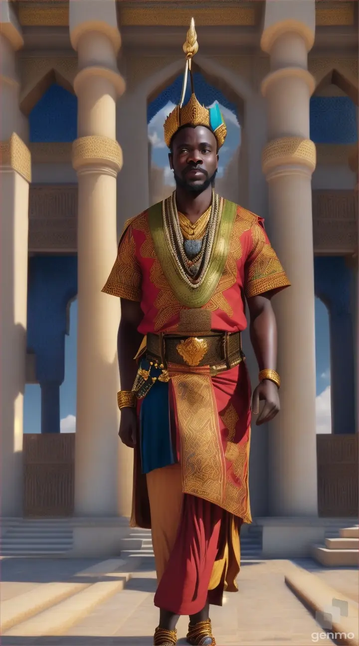 An African old king, Marcus standing in front of his palace