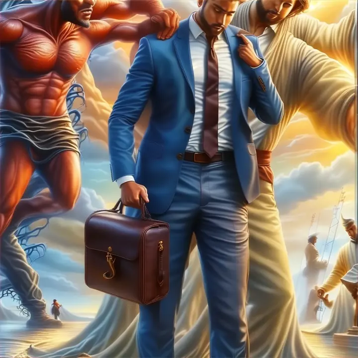 a painting of  men standing next to god and demon