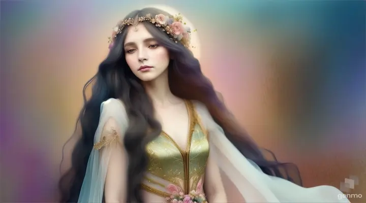 A mesmerizing watercolor and alcohol ink illustration by artist Paola Salomé, depicting a dreamlike portrait of a radiant woman. She is wearing an ethereal gown adorned with exquisite flowers, while her long, flowing hair cascades down her back. Her gaze is directed towards the moon and stars in the sky, which are beautifully rendered in soft hues. The overall effect is a dreamy, soft, and ethereal scene, perfect for a fashion or portrait photography inspiration.