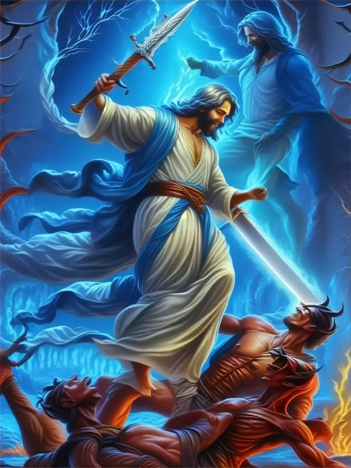 a painting of god holding a sword over a demon