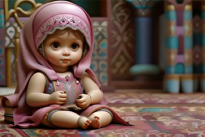 a small doll sitting on a rug next to a book