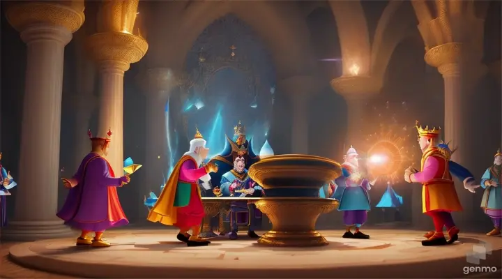 /imagine prompt: 3D animation, personality: [Illustrate Uplifting Cartoon characters engaging in fun activities The king consulting with his ministers in his court, seeking advice on how to handle the situation. It should feel otherworldly and magical.] unreal engine, hyper real --q 2 --v 5.2 --ar 16:9