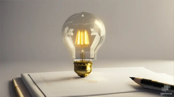 A captivating 3D render of a paper light bulb, showcasing intricate folds and creases that give it a unique, artistic appearance. The light bulb emits a warm, inviting glow, casting a soft light on an adjacent sketchbook and pencil. The background is minimalistic and monochromatic, focusing attention on the paper light bulb and its artistic design., product,