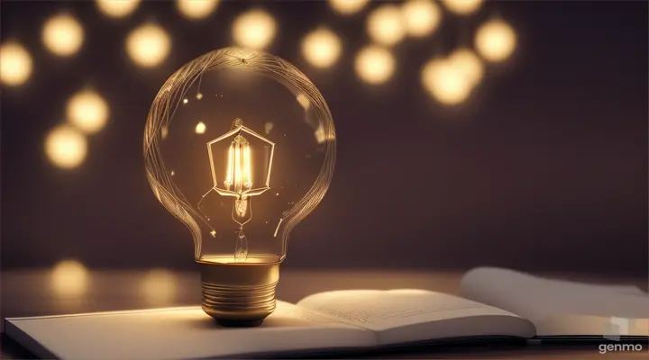 A captivating 3D render of a paper light bulb, showcasing intricate folds and creases that give it a unique, artistic appearance. The light bulb emits a warm, inviting glow, casting a soft light on an adjacent sketchbook and pencil. The background is minimalistic and monochromatic, focusing attention on the paper light bulb and its artistic design., product,