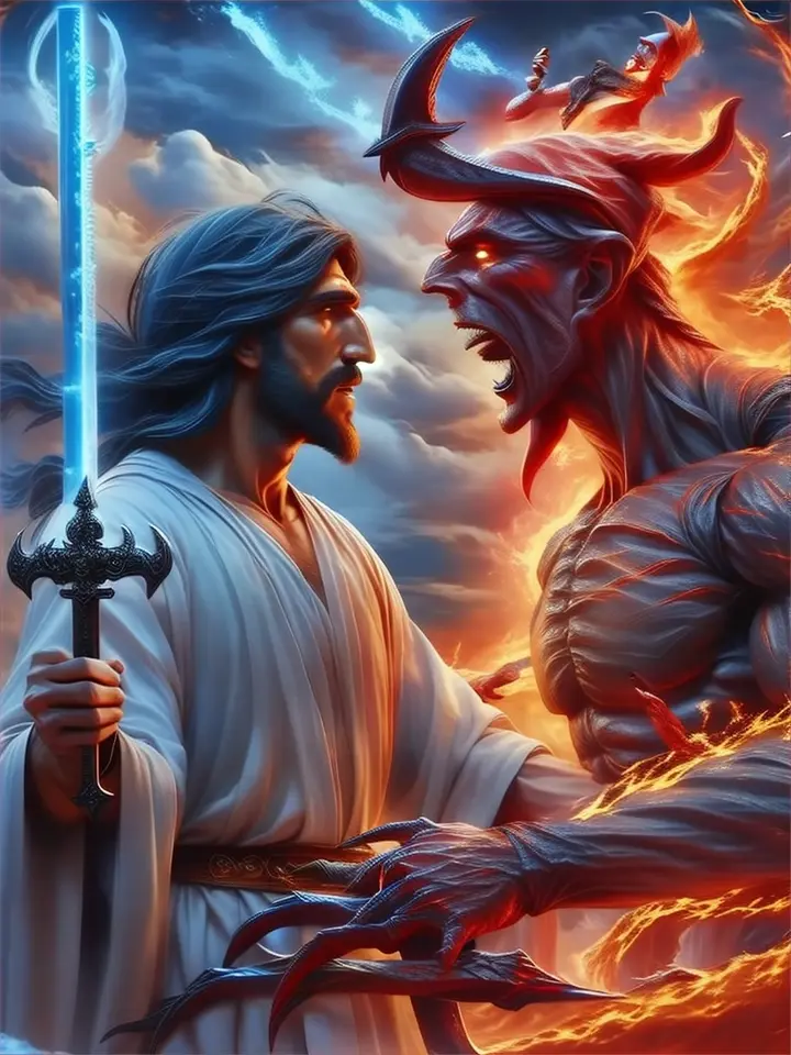 a god holding a sword next to a demon