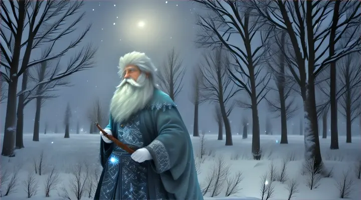 Morozko:
Imagine a serene, snowy forest clearing under a starry winter sky where Morozko, the personification of winter frost, is depicted as an elderly man with a long, flowing white beard and sparkling blue eyes. He wears a heavy cloak dusted with frost and carries a staff encrusted with icicles. Around him, the air shimmers with frosty magic, and delicate snowflakes float around his presence, suggesting his ability to usher in the cold. Trees around him bear the weight of snow, and small creatures of the forest peek curiously at him, highlighting his benign nature amidst the harshness of winter.